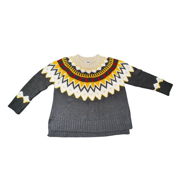 Nordic Large Grey Geometric Pattern Knit Sweater Preppy Classic Ski Winter Snow - Picture 1 of 6